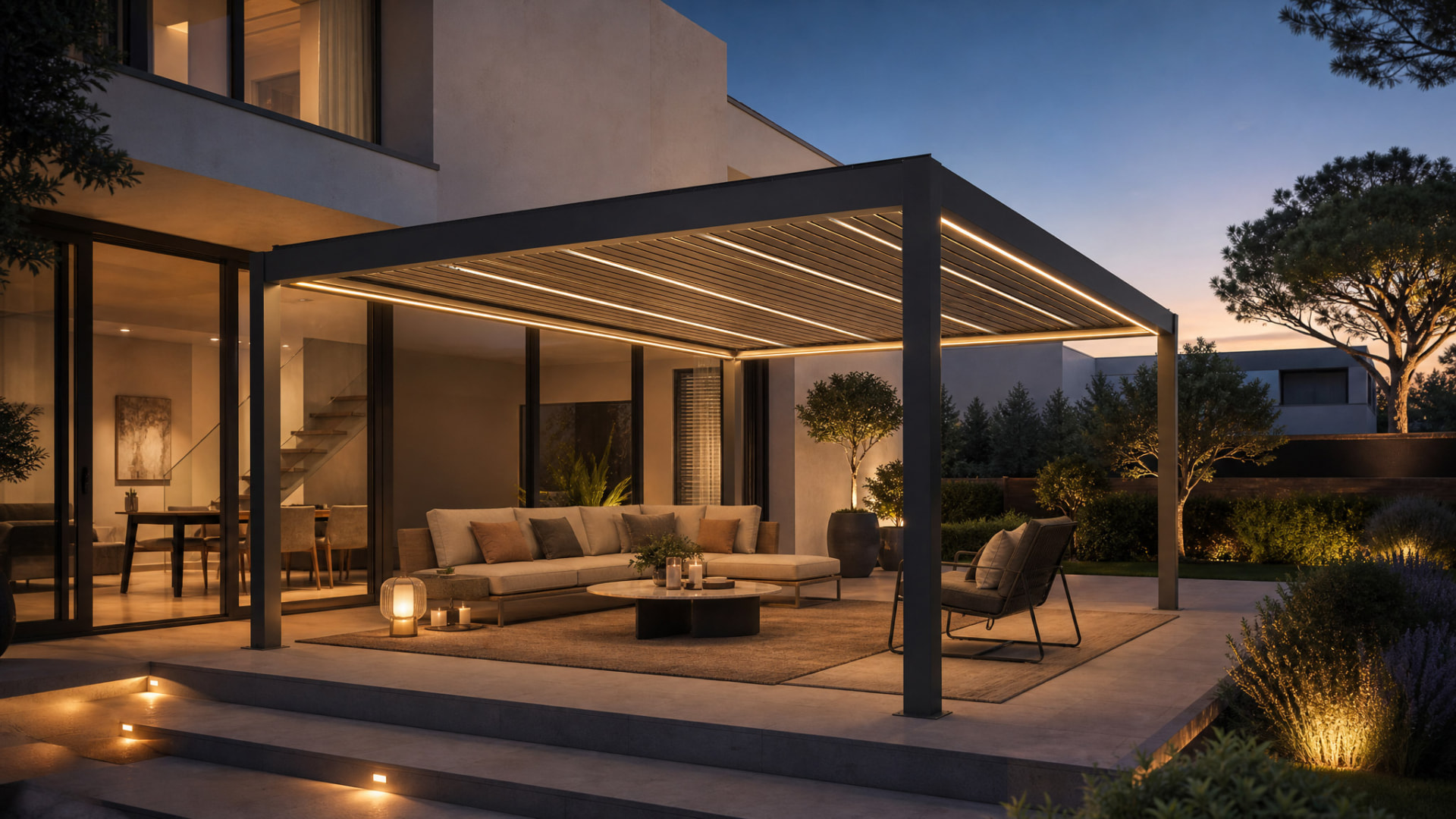 Bioklimatická pergola Climatrix s LED osvětlením večer