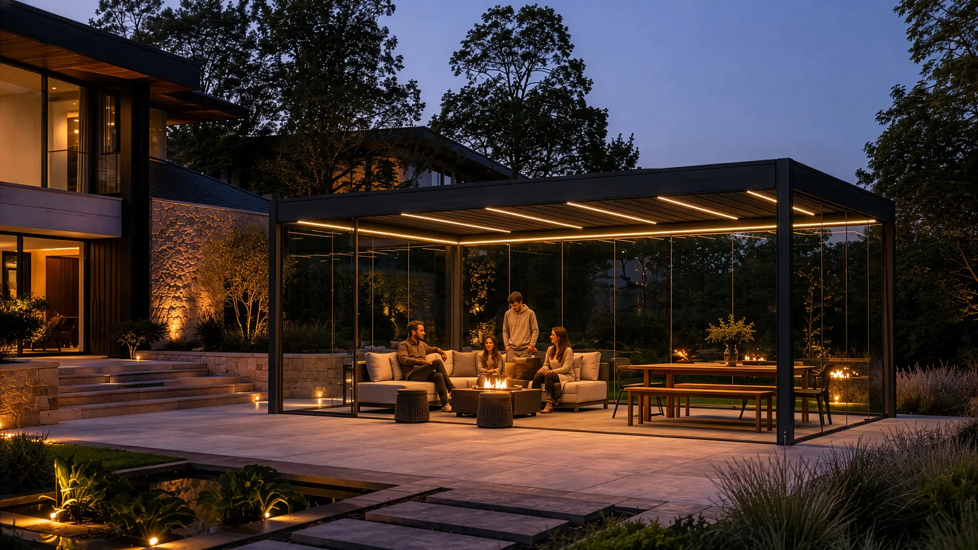 Bioklimatická pergola Climatrix se zasklením a LED osvětlením večer